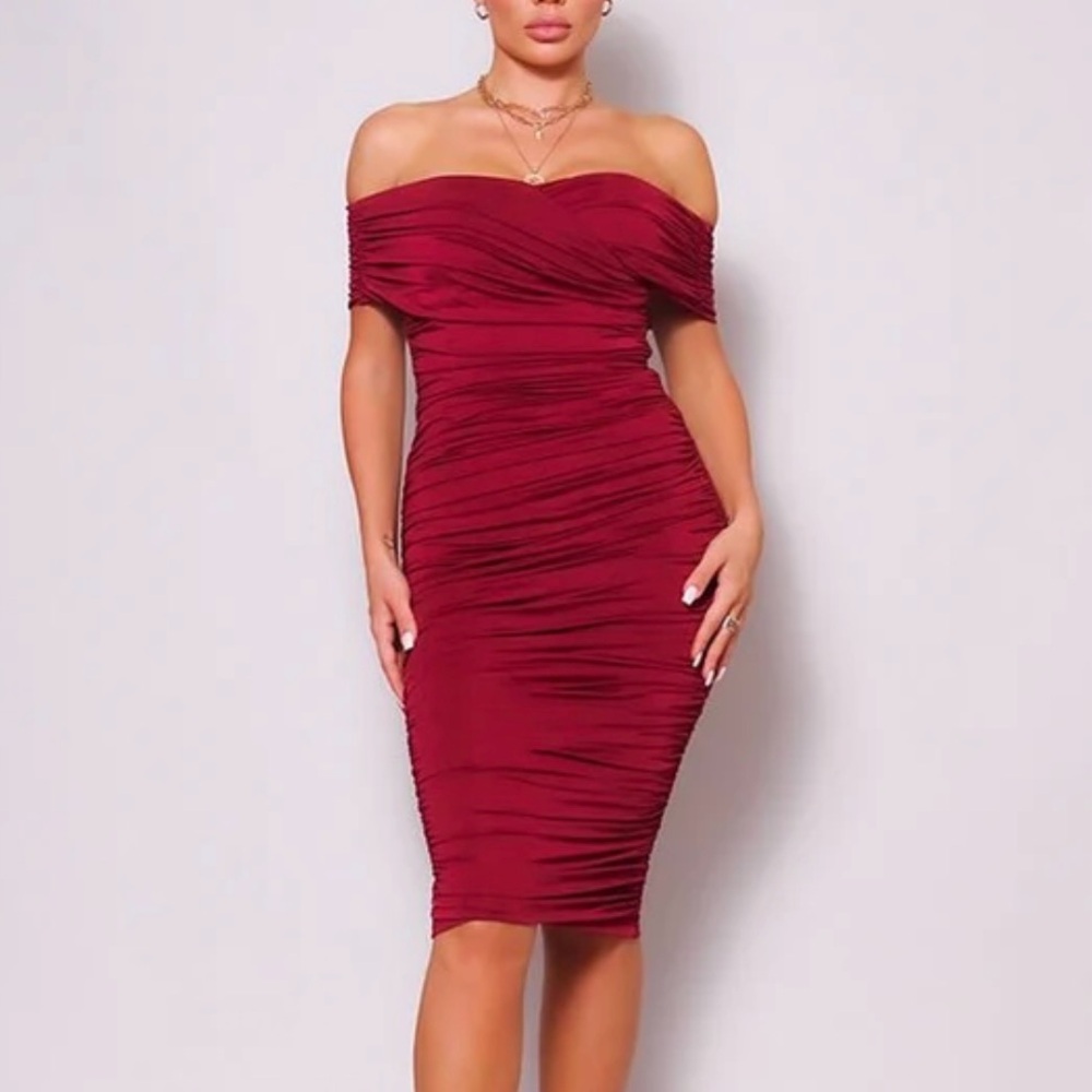 7. Wine Red Ruched Off the Shoulder Bodycon Dress
